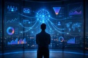 Professionnel du marketing face à un tableau de bord d'intelligence artificielle avec graphiques et données connectées